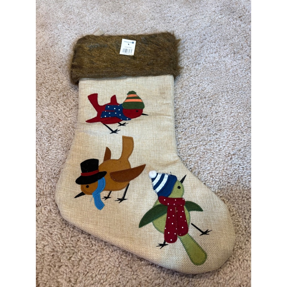 Christmas Tree Shops Burlap Bird Christmas Stocking Faux Fur Cuff HYK67209 NEW